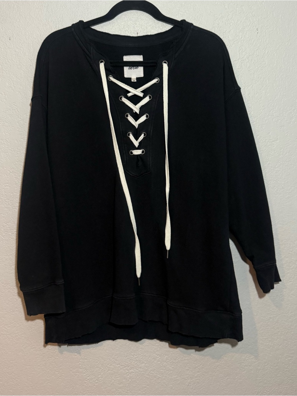 Aerie - Black Oversized, Distressed, Lace Up Front, Long Sleeve Shirt/Top Size S